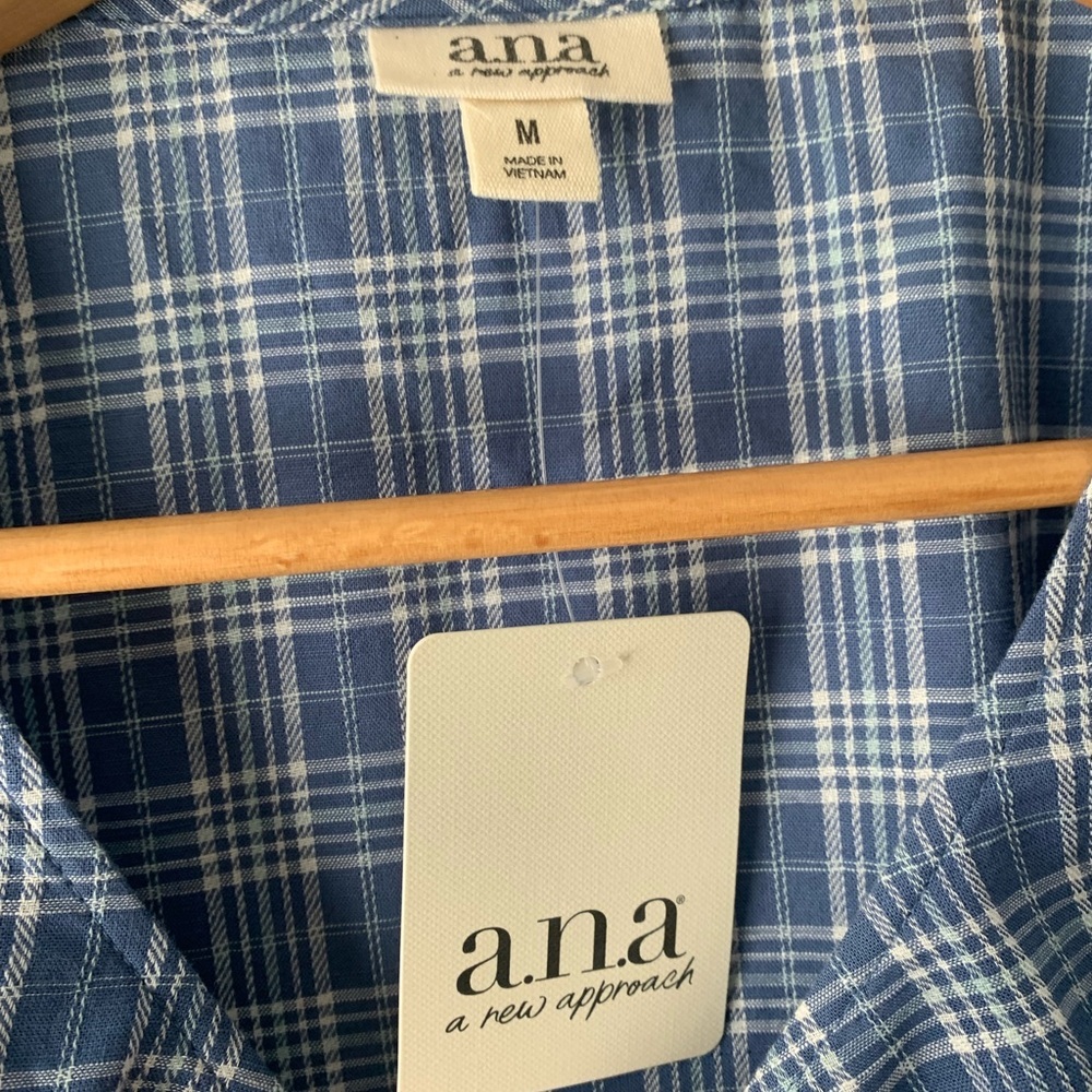 ANA A New Approach NWT Blue Plaid Long Sleeve Boho Peasant Blouse Size M - Picture 2 of 14